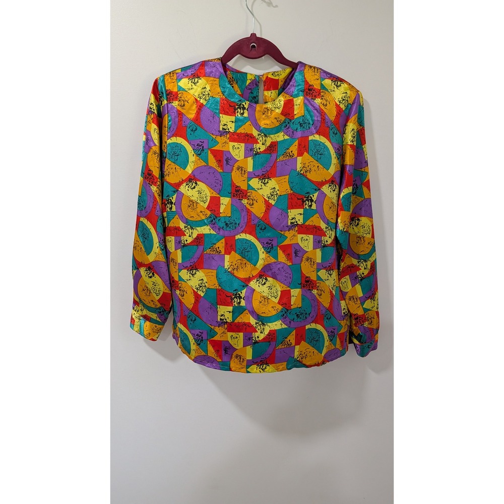 Marlis Vintage Multi Color Geometric Abstract Print Blouse Shoulder Pads Size 6